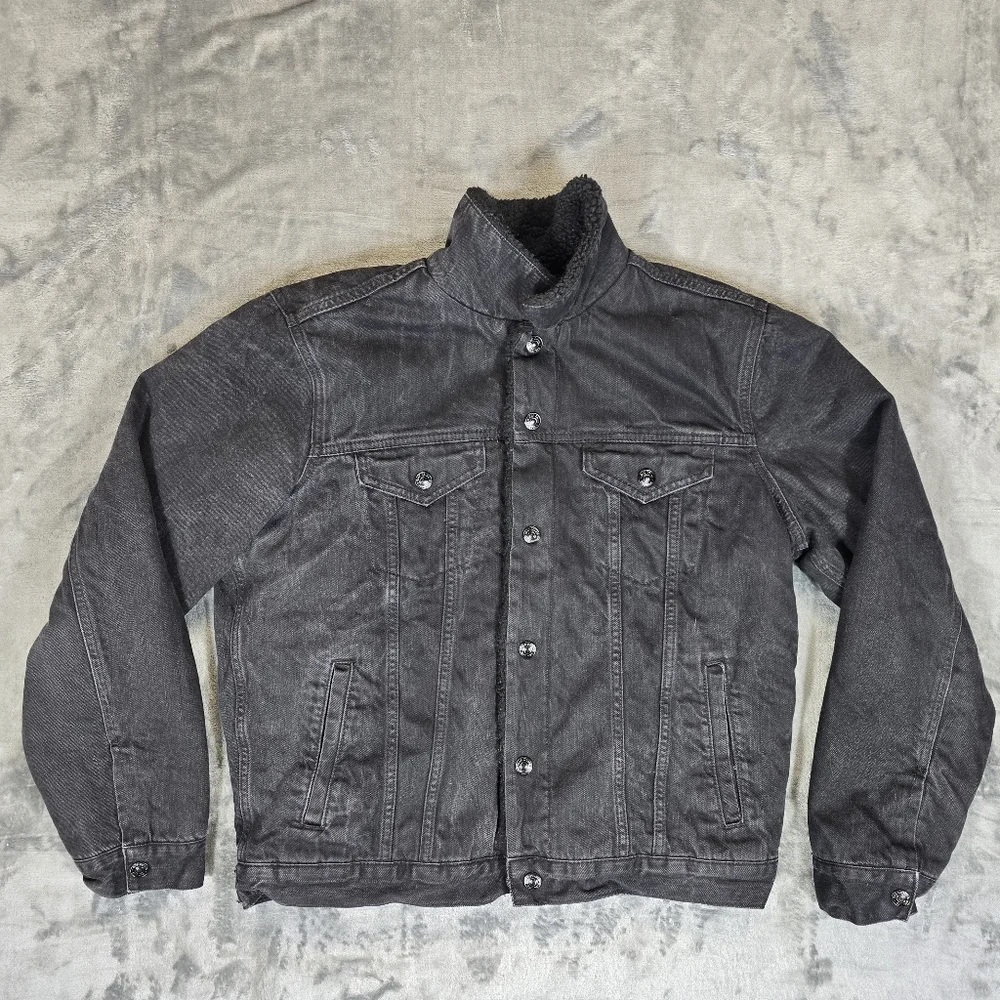 GAP Black Denim Jacket Sherpa Fleece Lined Size Large - Picture 2 of 7